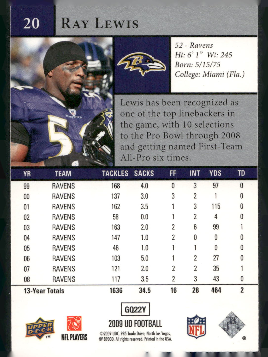 2009 Upper Deck #20 Ray Lewis
