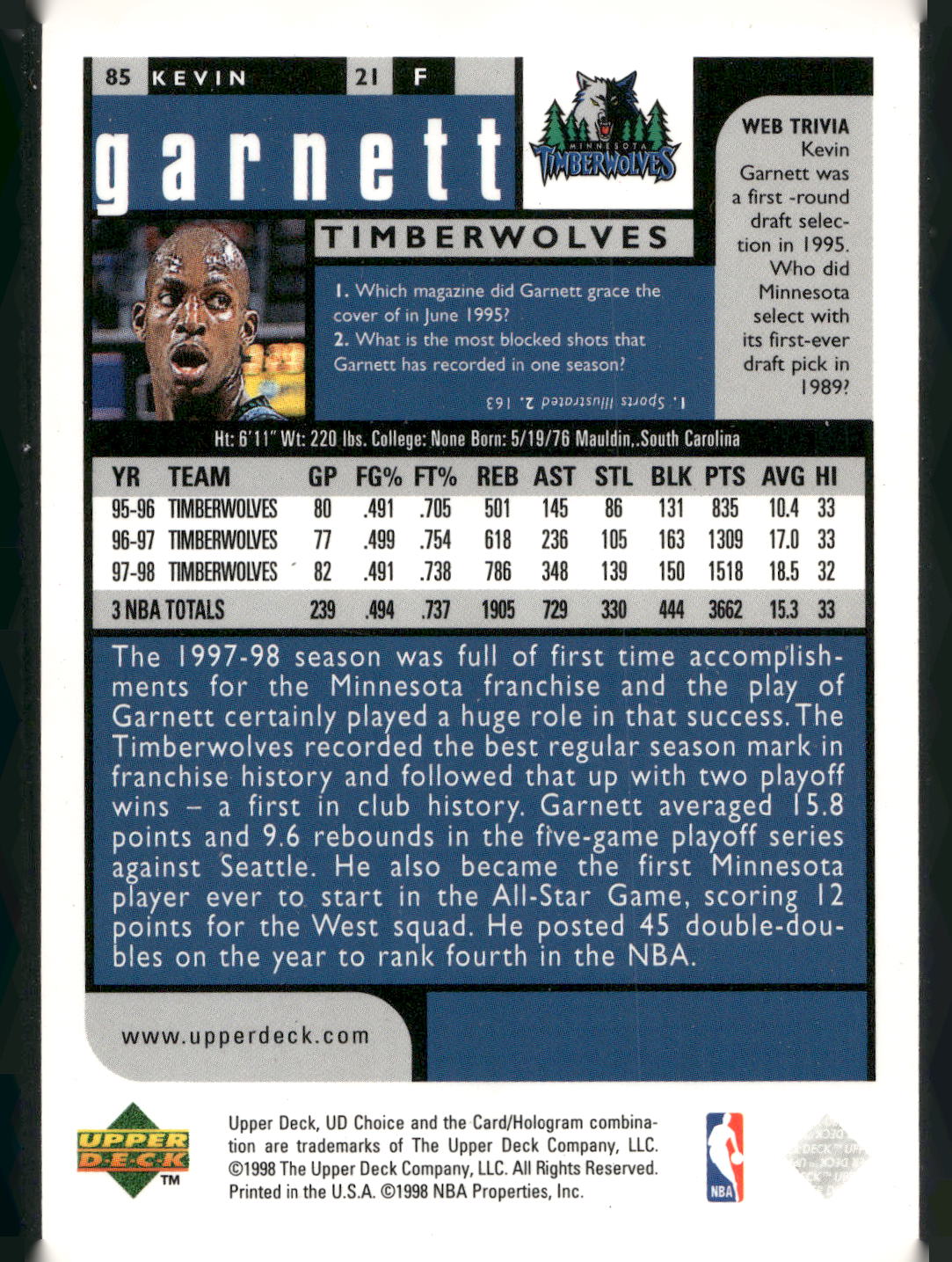 1998-99 UD Choice #85 Kevin Garnett
