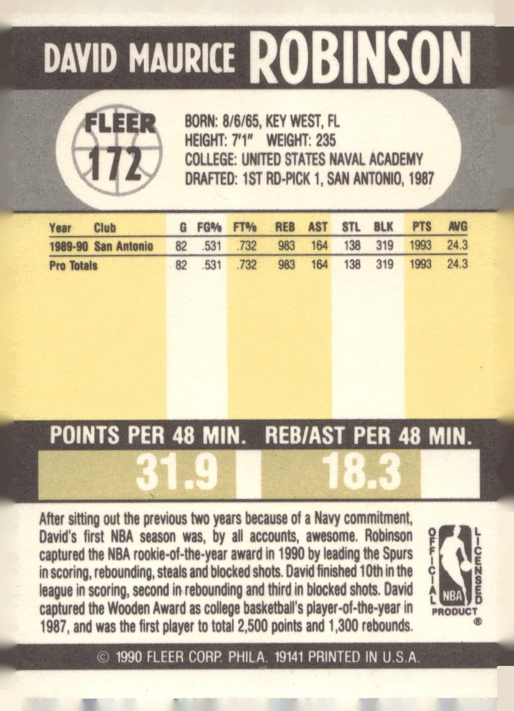 1990-91 Fleer #172 David Robinson