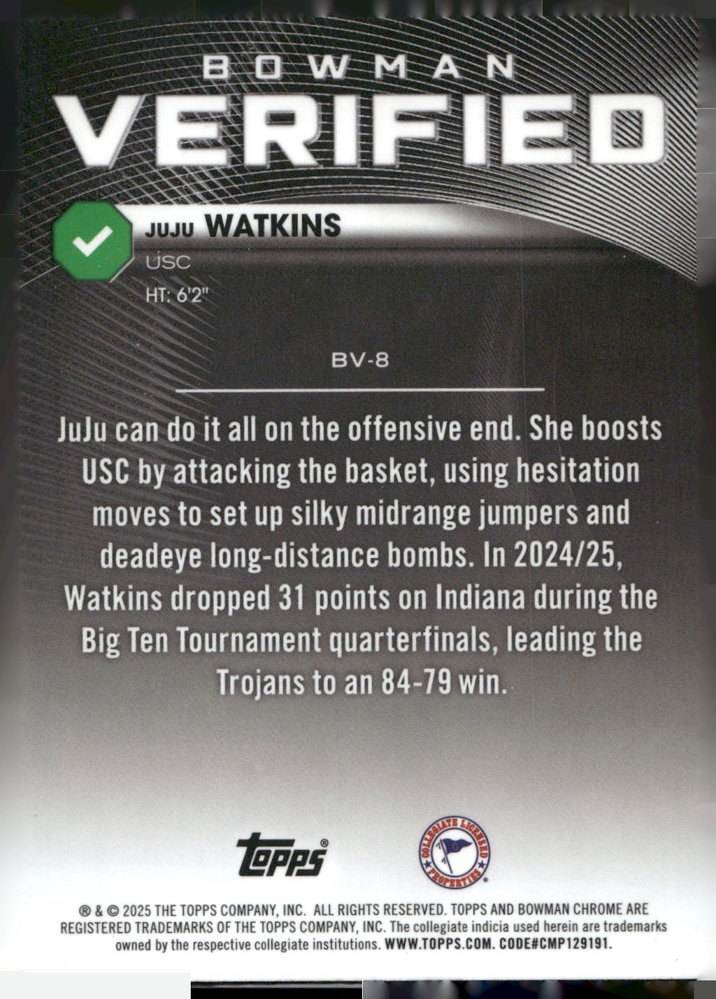 2025-26 Bowman #BV-8 Juju Watkins Bowman Verified