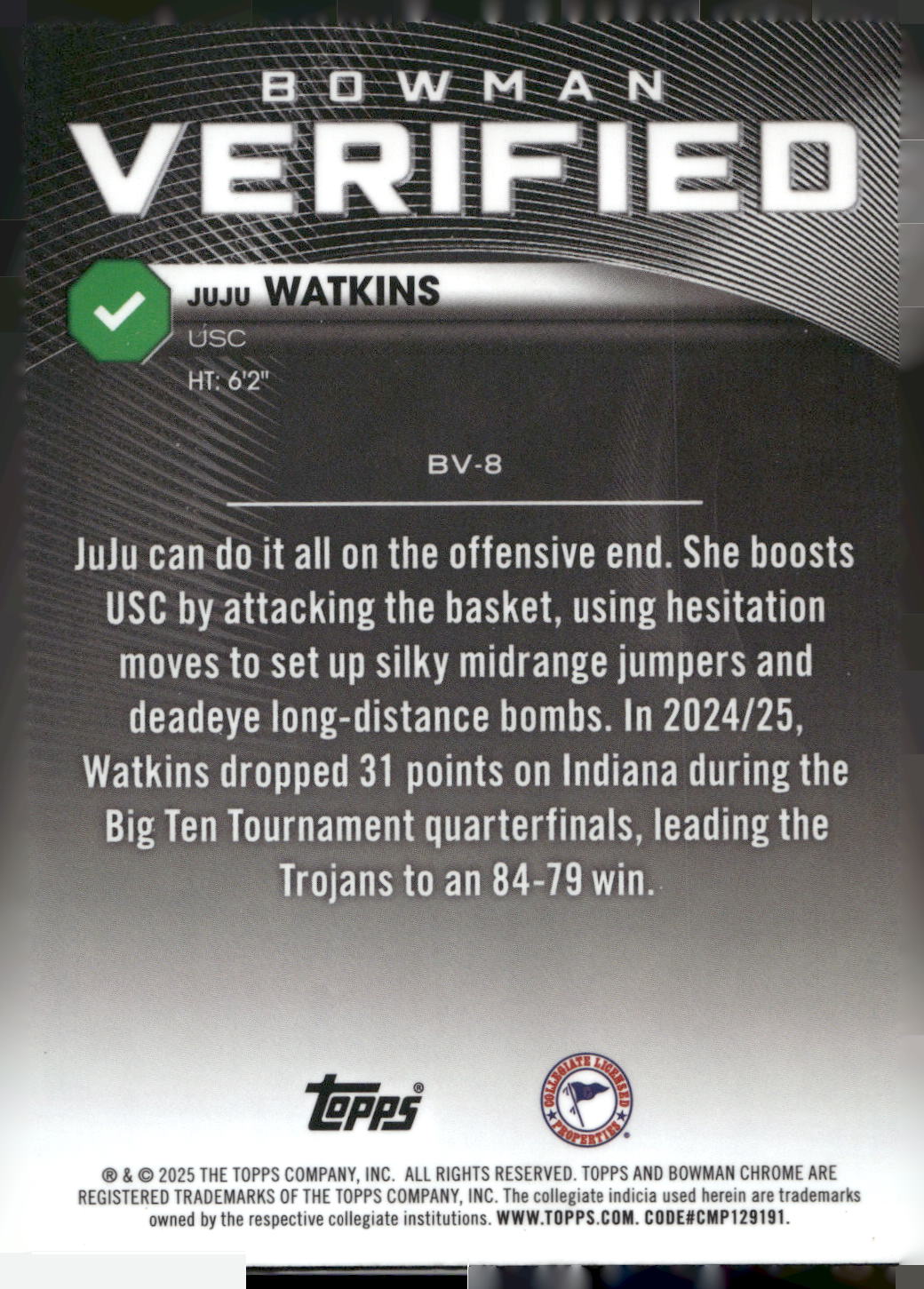2025-26 Bowman #BV-8 Juju Watkins Bowman Verified