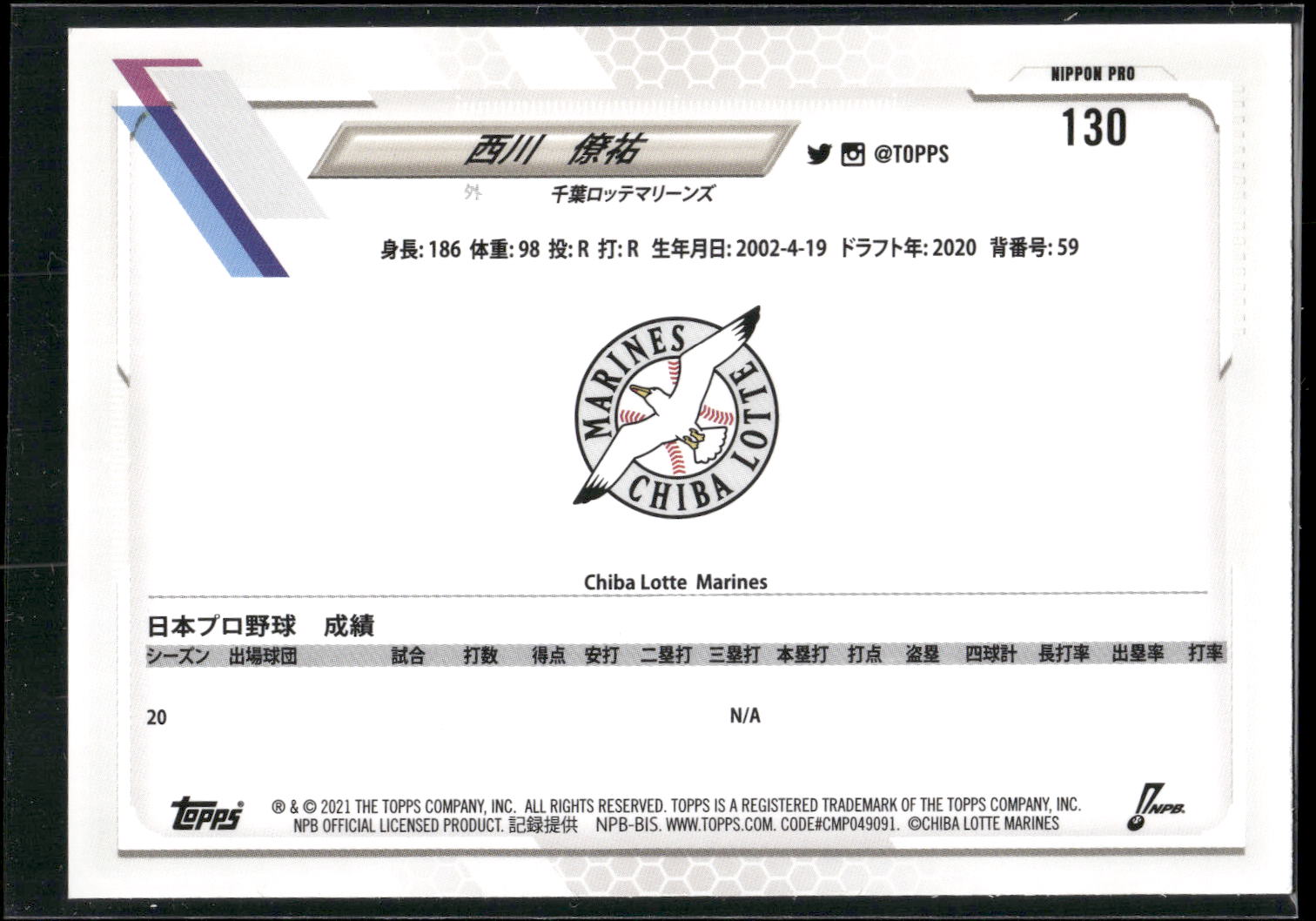 2021 Topps NPB #130 Ryosuke Nishikawa
