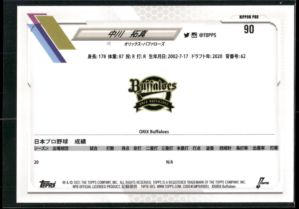 2021 Topps NPB #90 Takuma Nakagawa