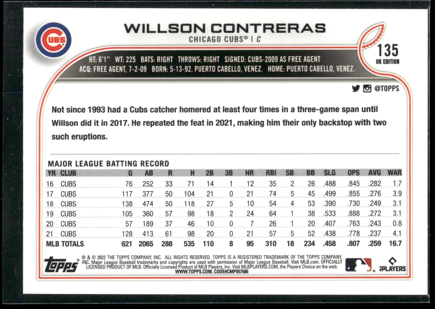 2022 Topps UK Edition #135 Willson Contreras