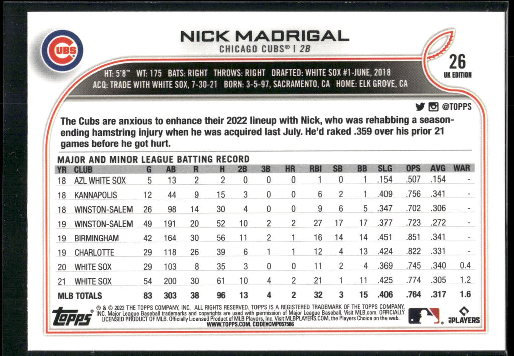 2022 Topps UK Edition #26 Nick Madrigal