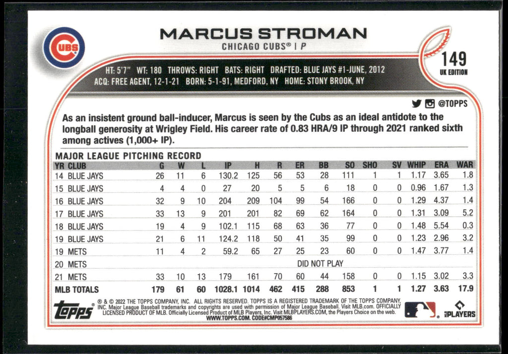 2022 Topps UK Edition #149 Marcus Stroman