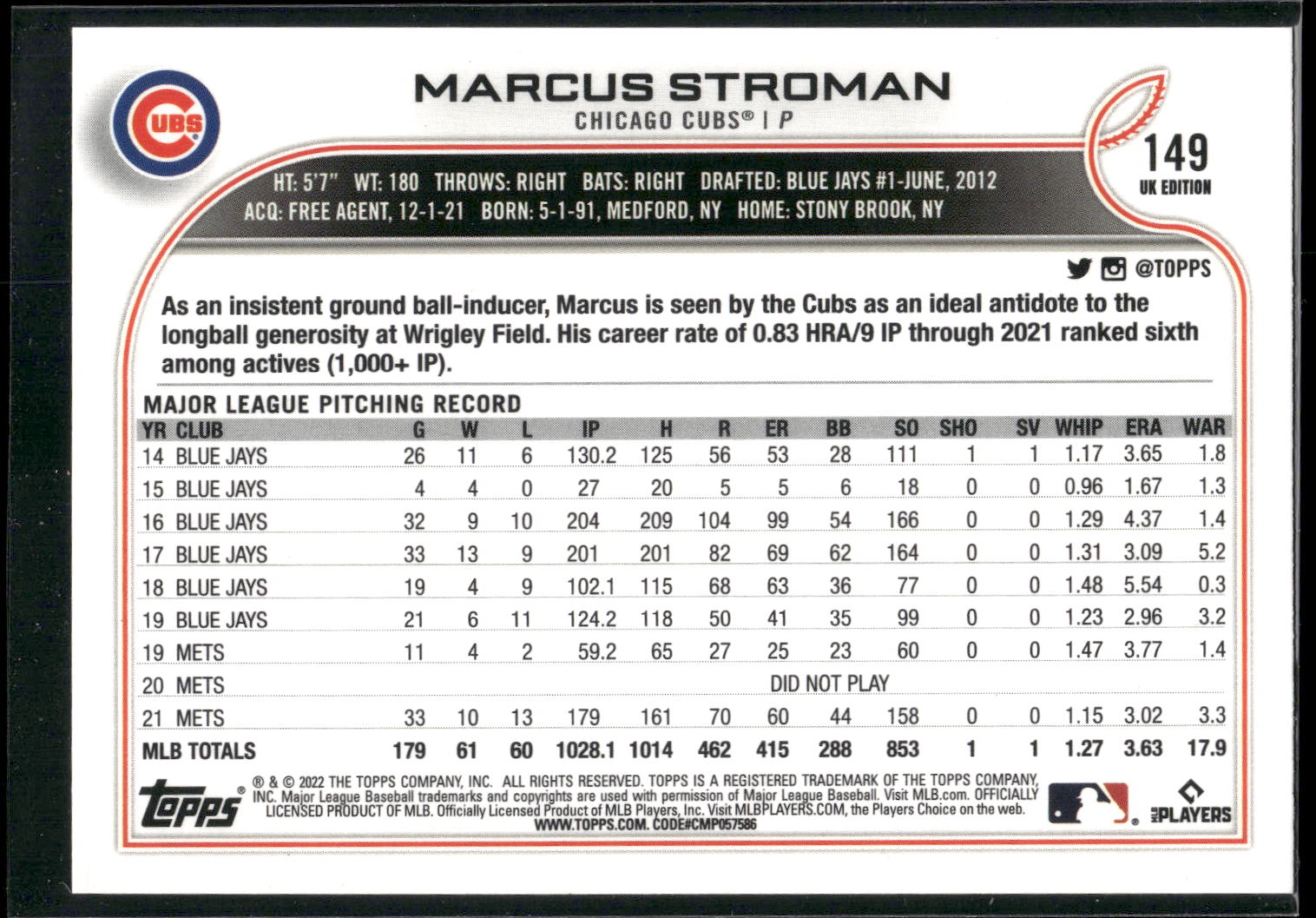2022 Topps UK Edition #149 Marcus Stroman