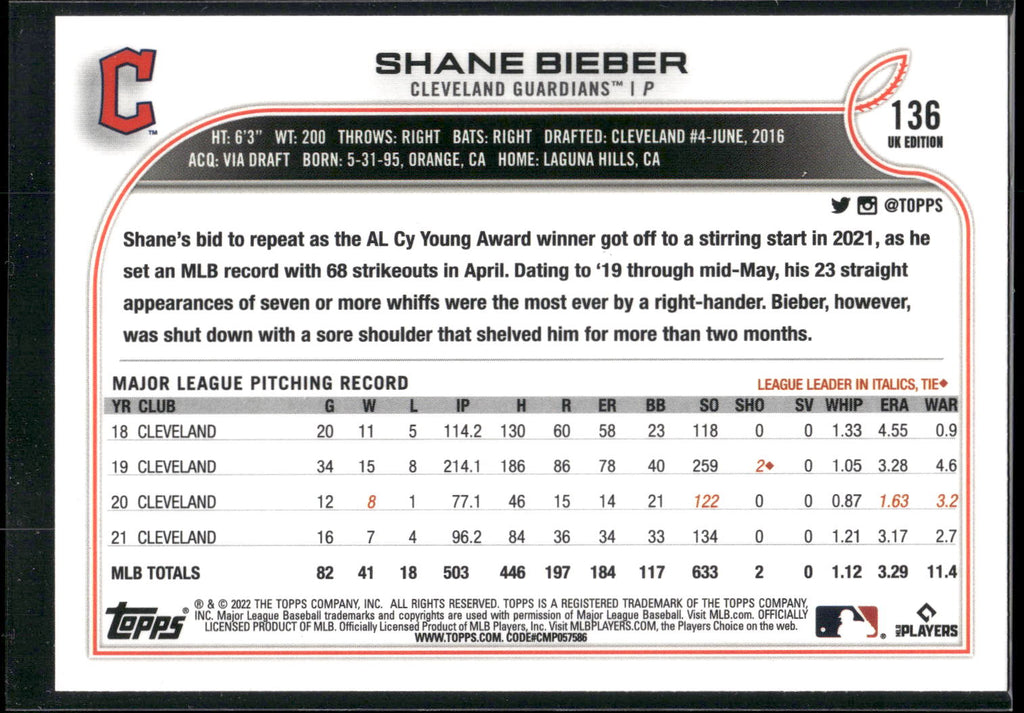 2022 Topps UK Edition #136 Shane Bieber