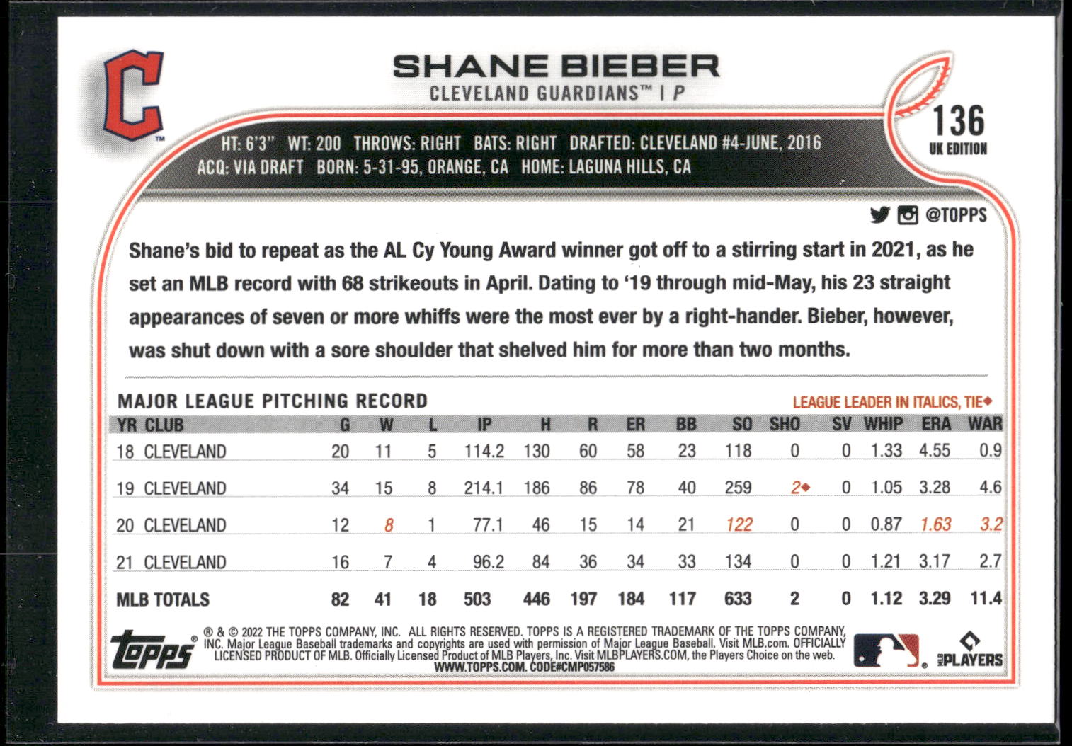 2022 Topps UK Edition #136 Shane Bieber