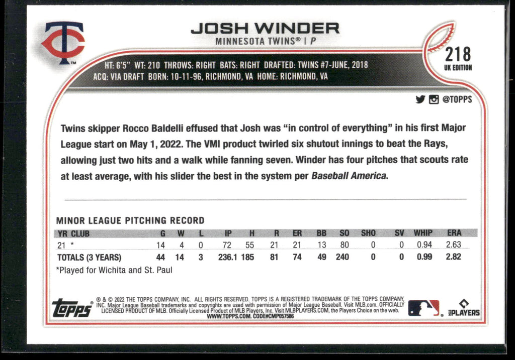 2022 Topps UK Edition #218 Josh Winder