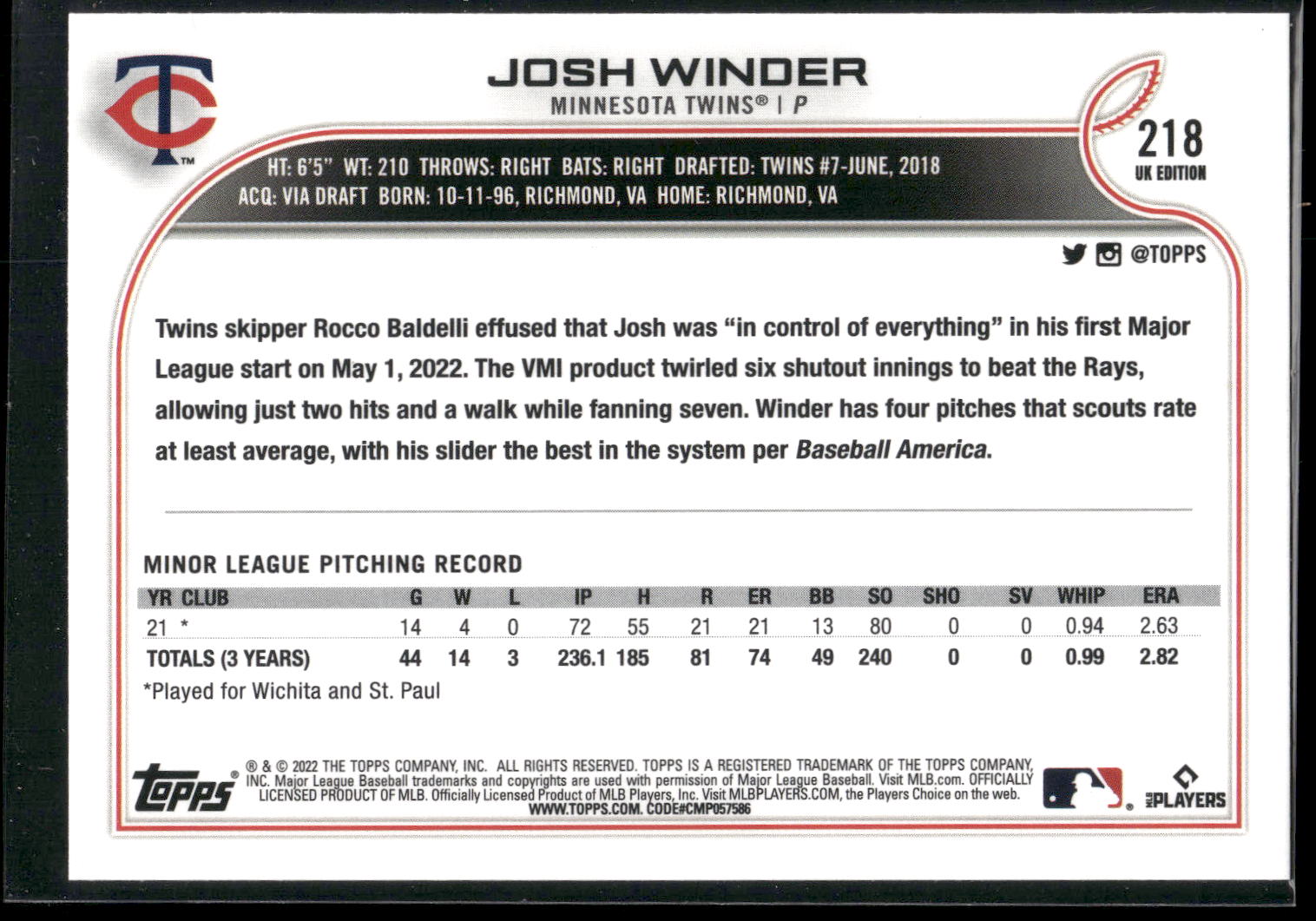 2022 Topps UK Edition #218 Josh Winder