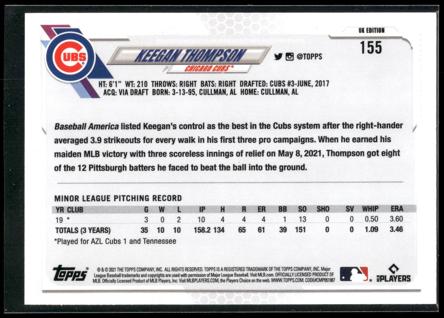 2021 Topps UK Edition #155 Keegan Thompson