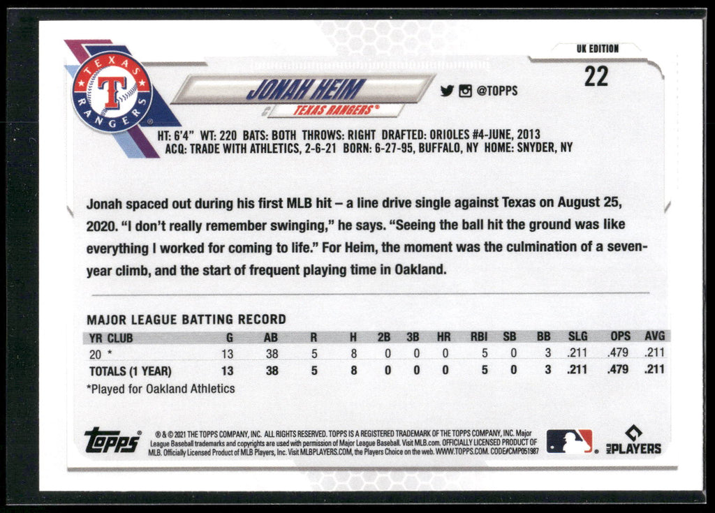 2021 Topps UK Edition #22 Jonah Heim
