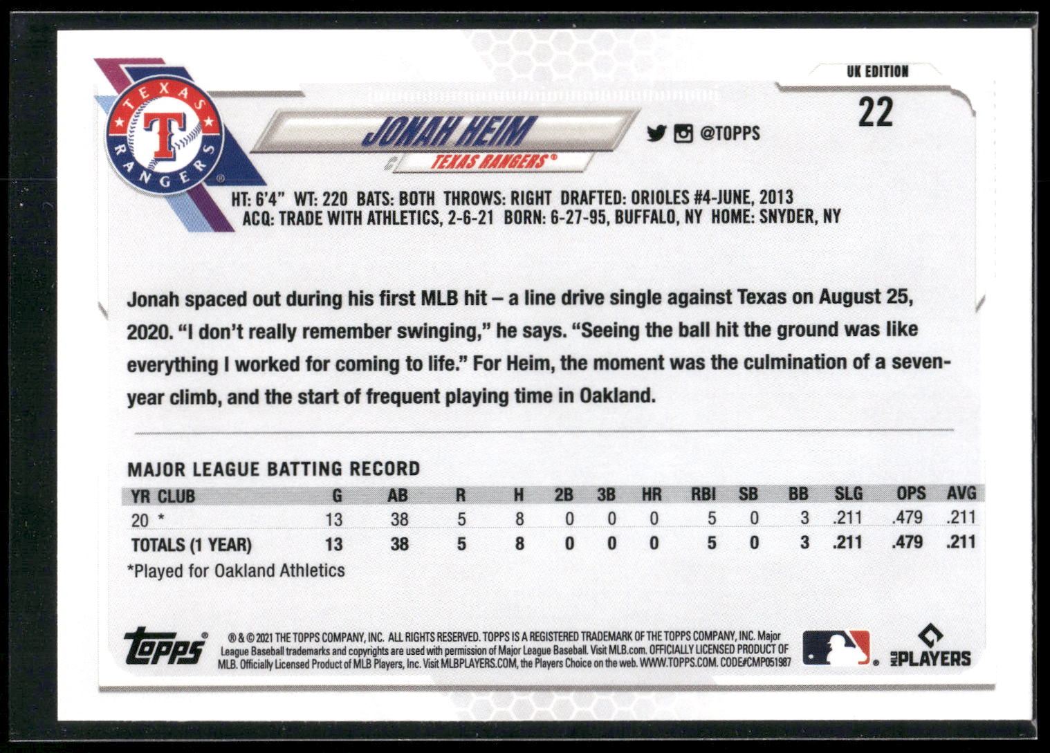 2021 Topps UK Edition #22 Jonah Heim