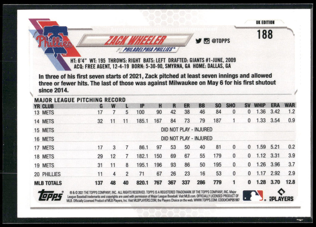 2021 Topps UK Edition #188 Zack Wheeler