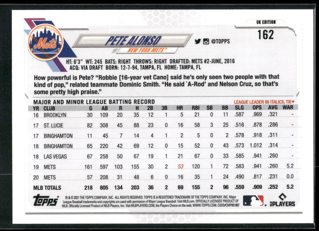2021 Topps UK Edition #162 Pete Alonso