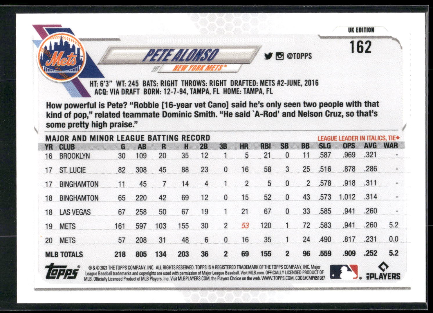 2021 Topps UK Edition #162 Pete Alonso