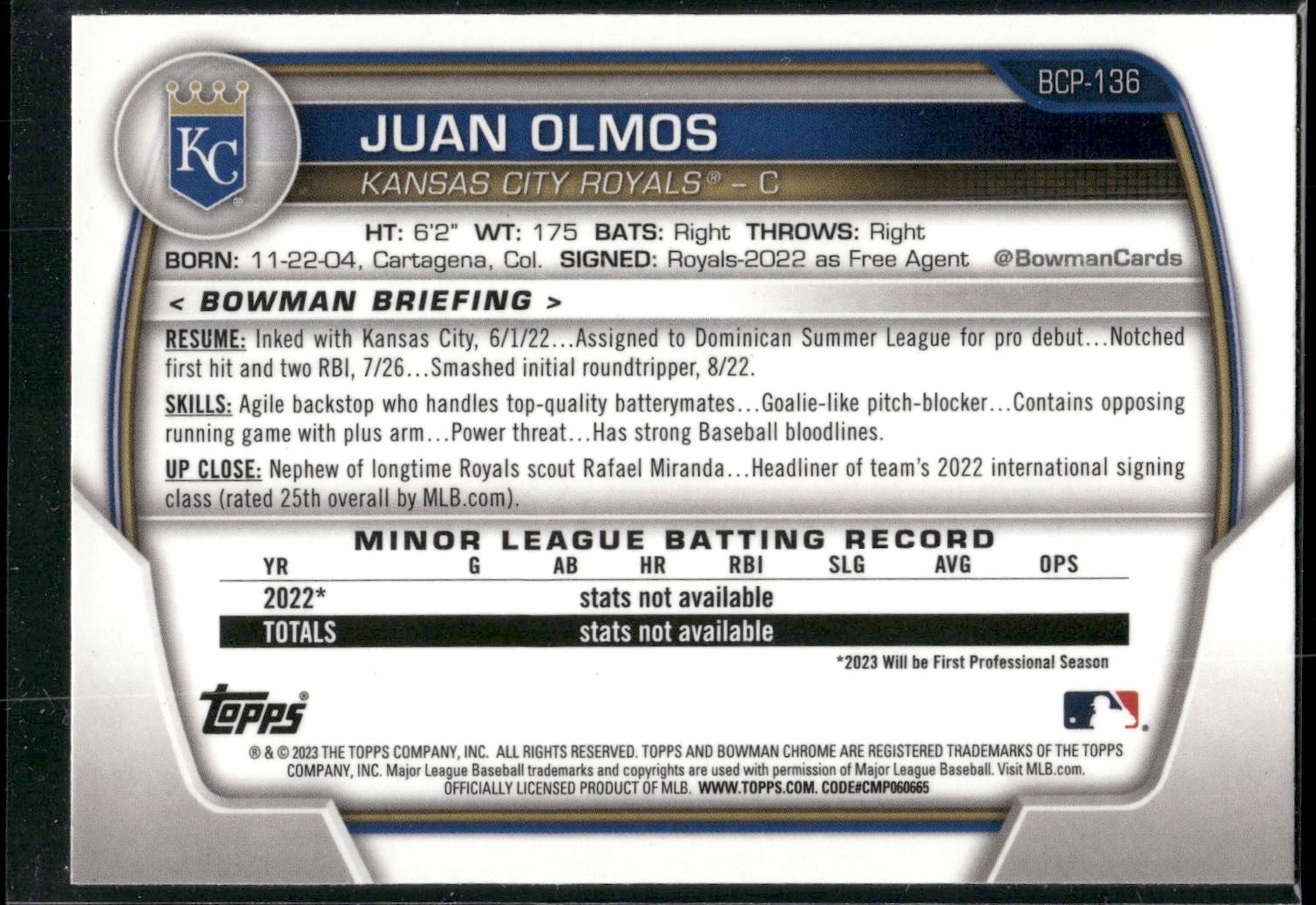 2023 Bowman #BCP-136 Juan Olmos Chrome Prospects