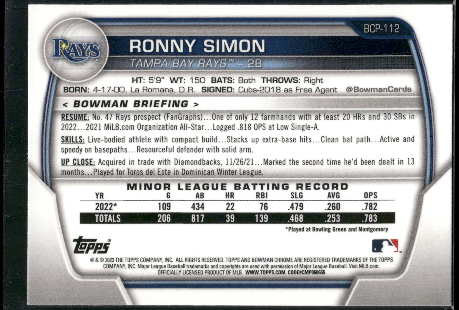 2023 Bowman #BCP-112 Ronny Simon Chrome Prospects