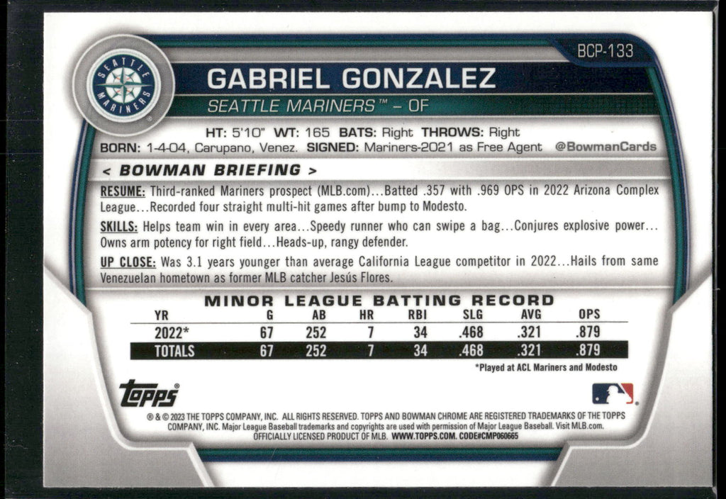 2023 Bowman #BCP-133 Gabriel Gonzalez Chrome Prospects