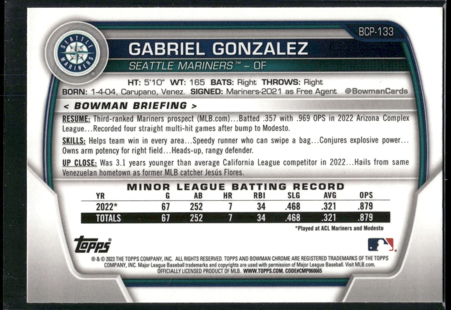 2023 Bowman #BCP-133 Gabriel Gonzalez Chrome Prospects