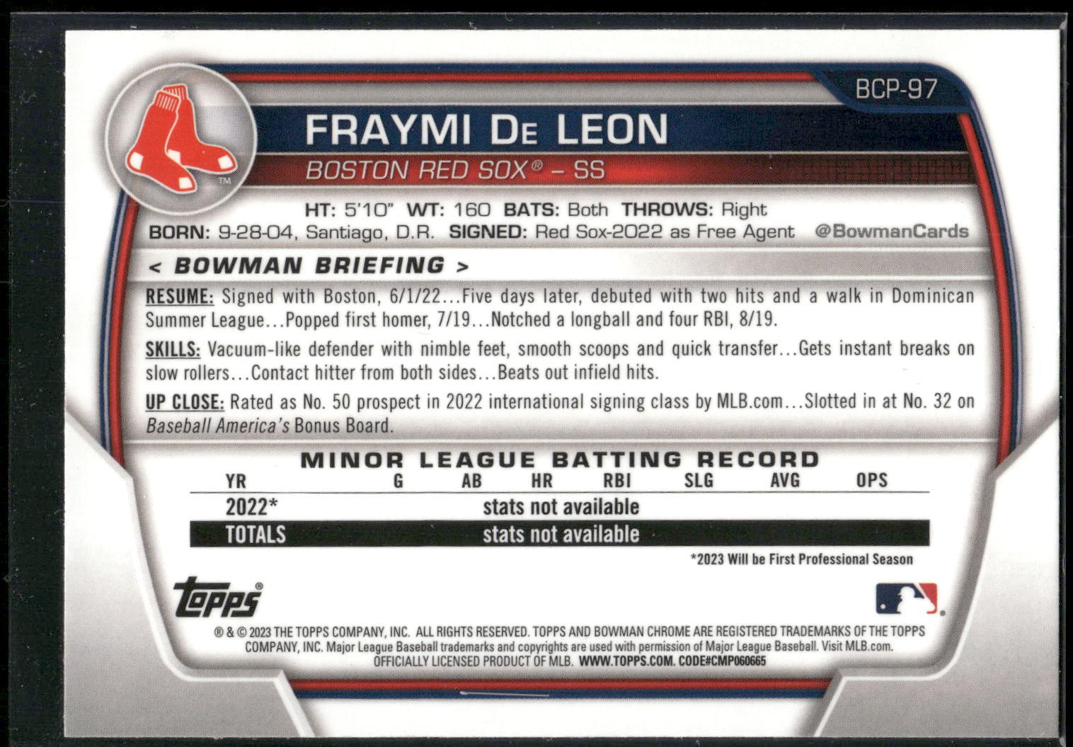 2023 Bowman #BCP-97 Fraymi De Leon Chrome Prospects