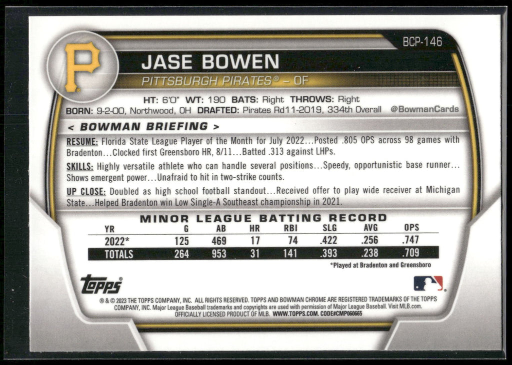 2023 Bowman #BCP-146 Jase Bowen Chrome Prospects
