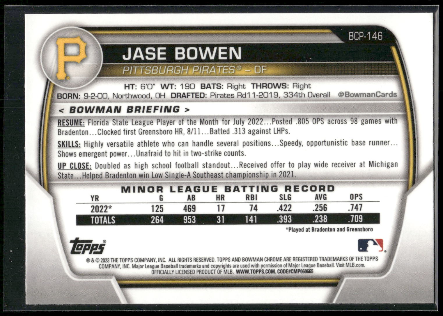 2023 Bowman #BCP-146 Jase Bowen Chrome Prospects