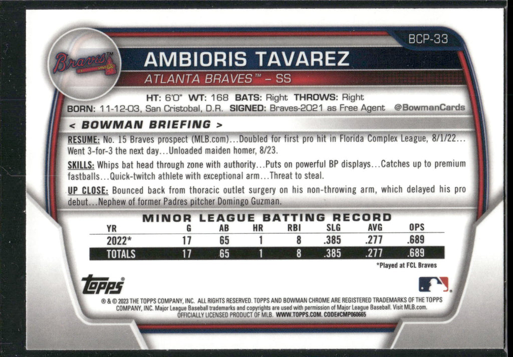 2023 Bowman #BCP-33 Ambioris Tavarez Chrome Prospects