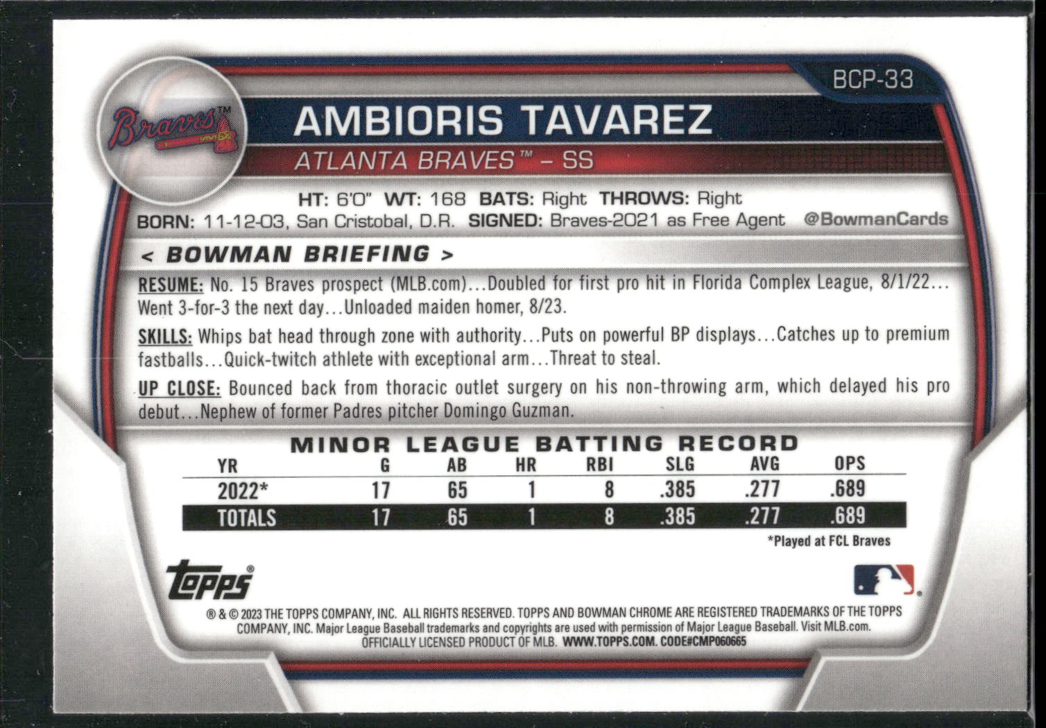 2023 Bowman #BCP-33 Ambioris Tavarez Chrome Prospects