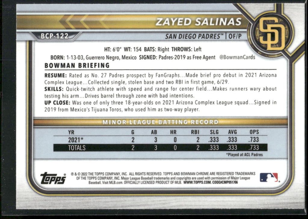 2022 Bowman #BCP-122 Zayed Salinas Chrome Prospects