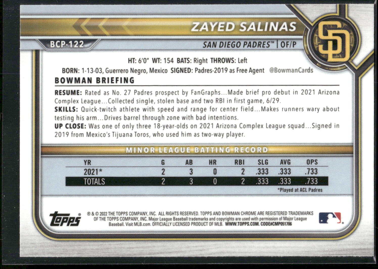 2022 Bowman #BCP-122 Zayed Salinas Chrome Prospects