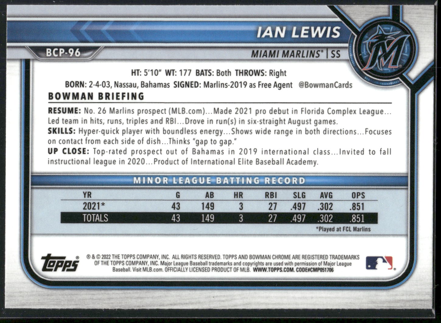 2022 Bowman #BCP-96 Ian Lewis Chrome Prospects