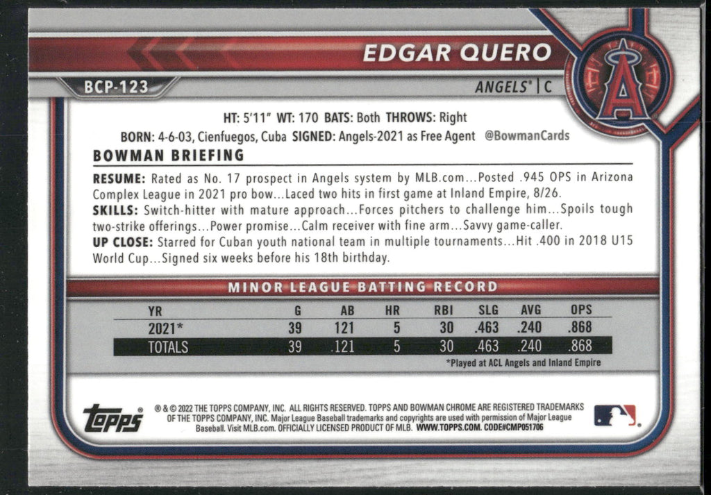 2022 Bowman #BCP-123 Edgar Quero Chrome Prospects