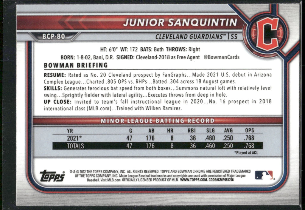 2022 Bowman #BCP-80 Junior Sanquintin Chrome Prospects