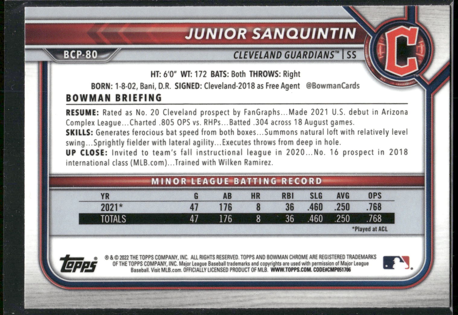 2022 Bowman #BCP-80 Junior Sanquintin Chrome Prospects