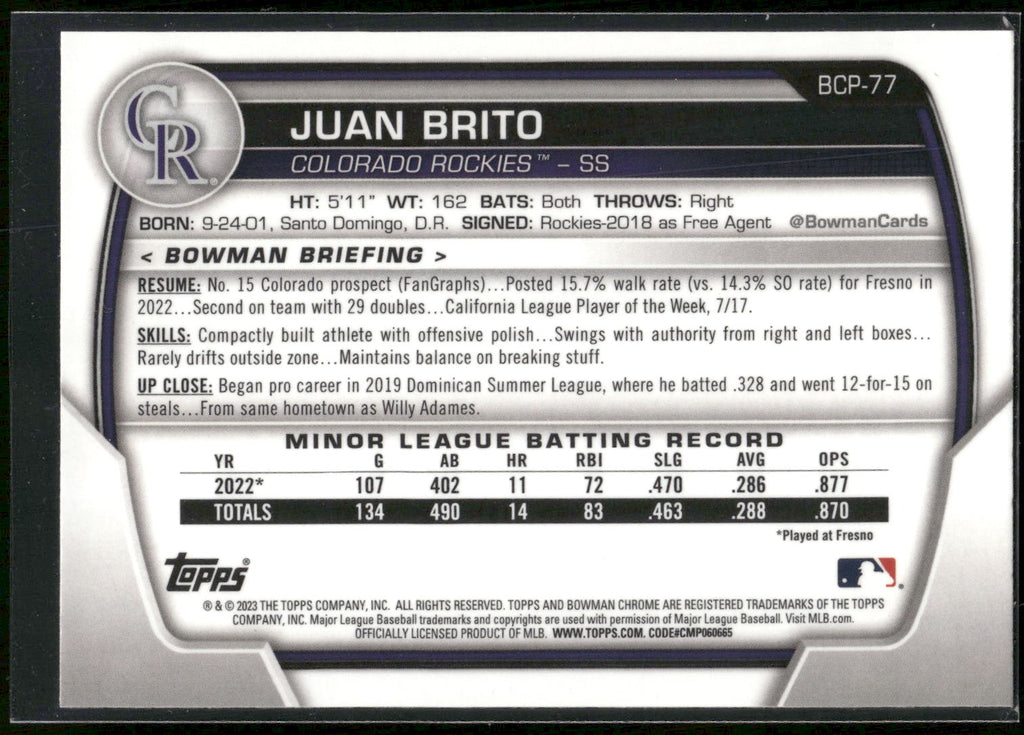 2023 Bowman #BCP-77 Juan Brito Chrome Prospects
