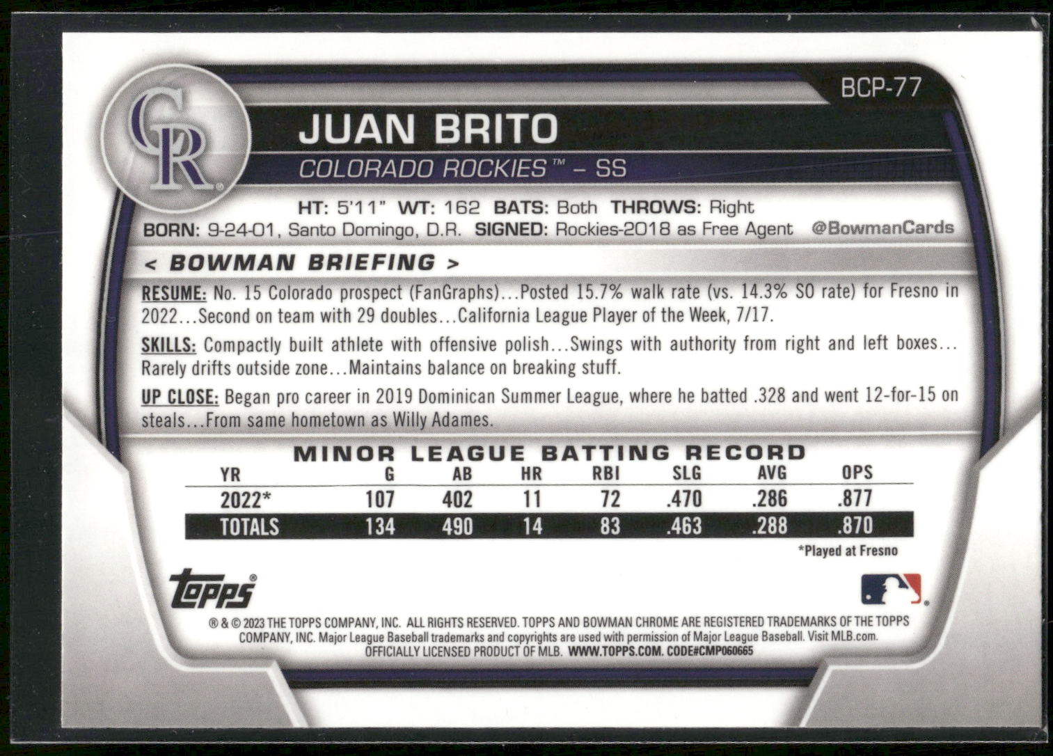2023 Bowman #BCP-77 Juan Brito Chrome Prospects