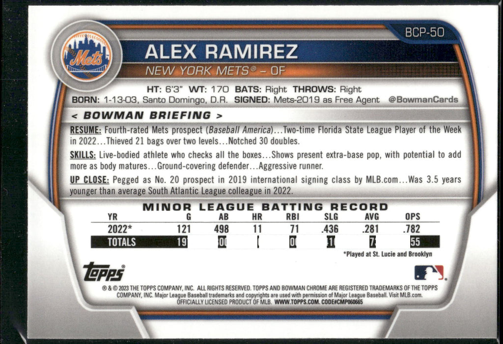 2023 Bowman #BCP-50 Alex Ramirez Chrome Prospects