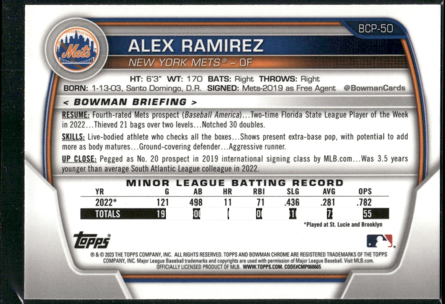 2023 Bowman #BCP-50 Alex Ramirez Chrome Prospects