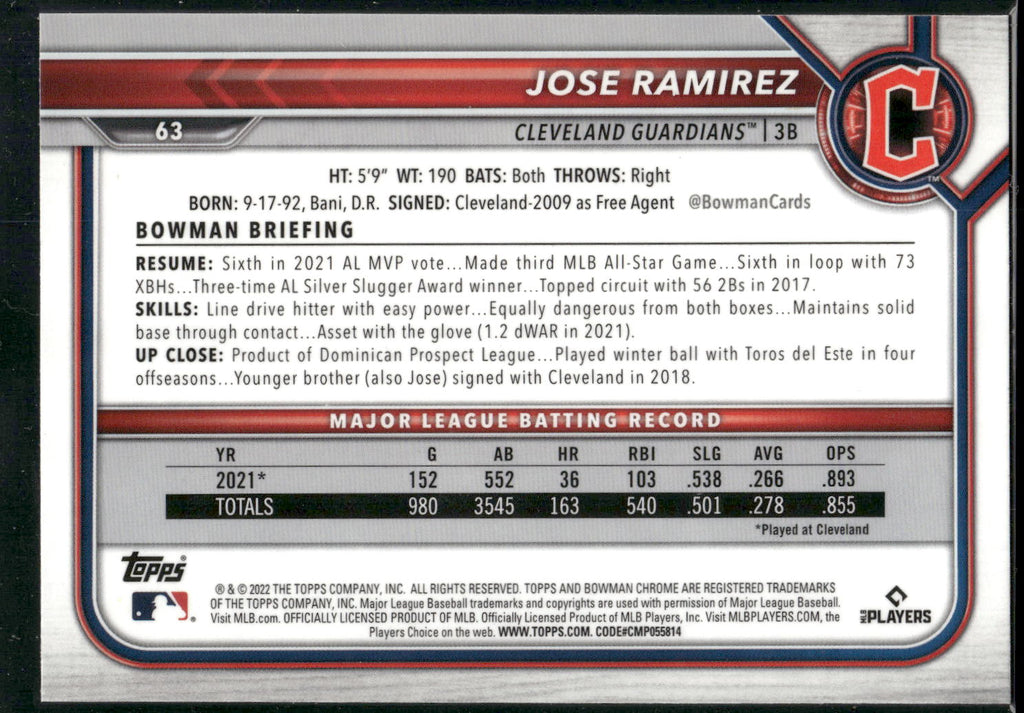 2022 Bowman Chrome #63 Jose Ramirez