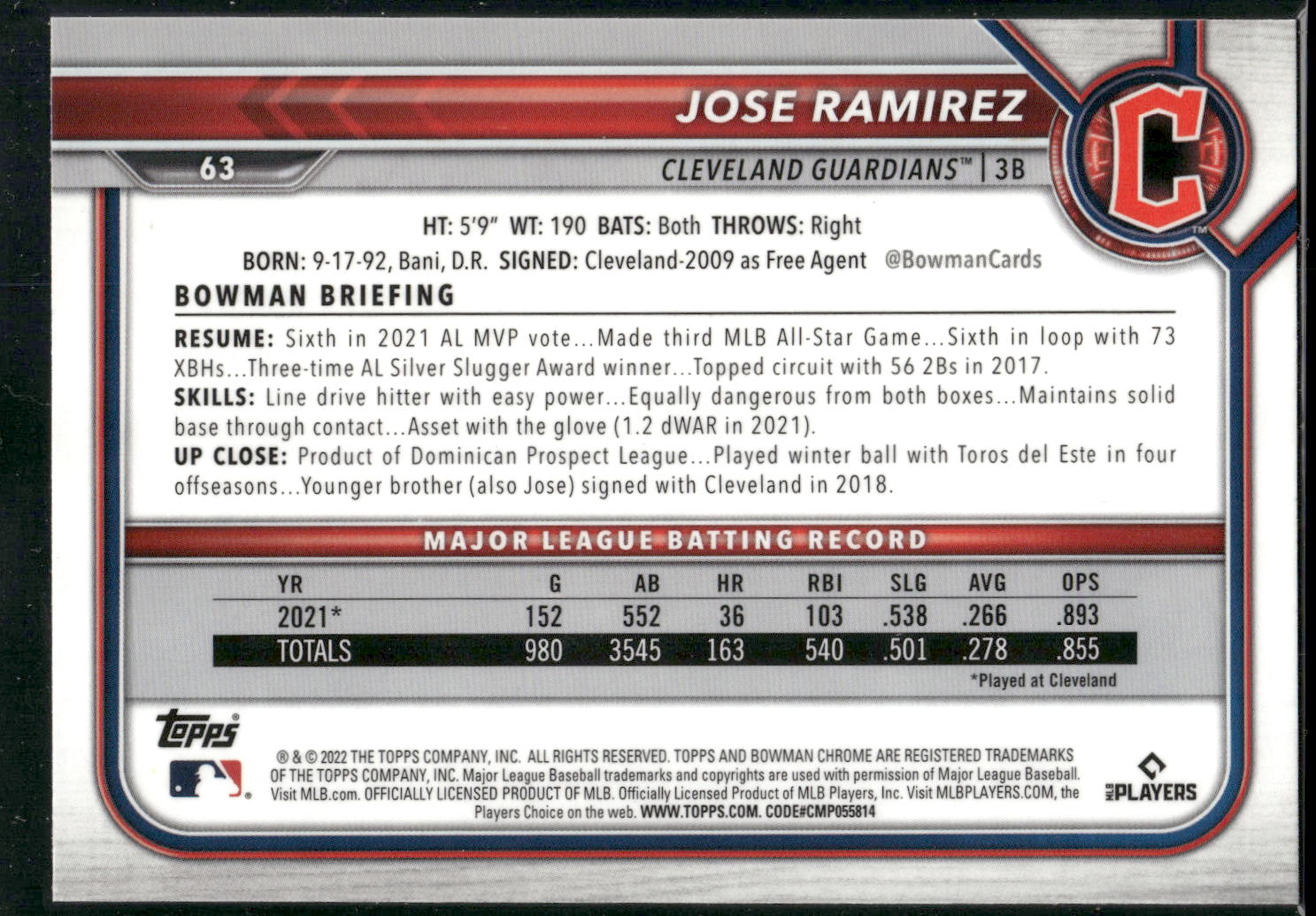 2022 Bowman Chrome #63 Jose Ramirez