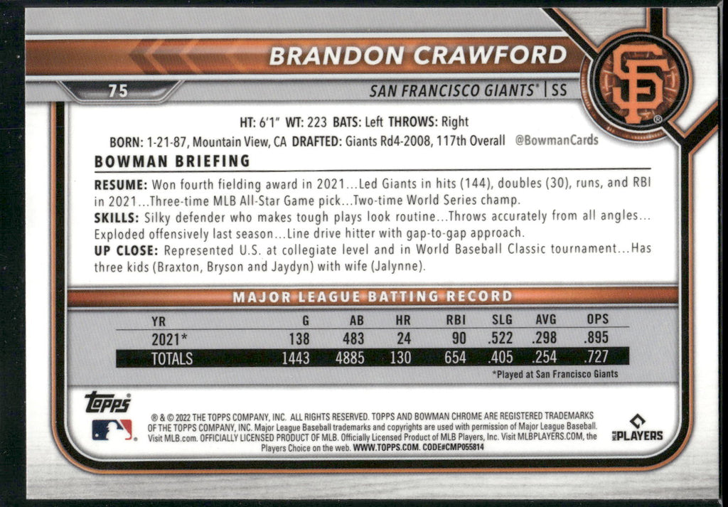 2022 Bowman Chrome #75 Brandon Crawford