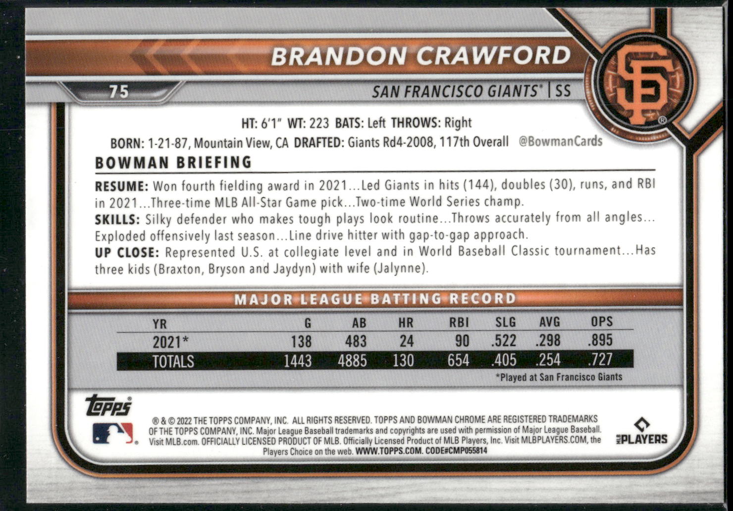 2022 Bowman Chrome #75 Brandon Crawford
