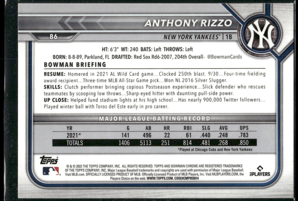 2022 Bowman Chrome #86 Anthony Rizzo