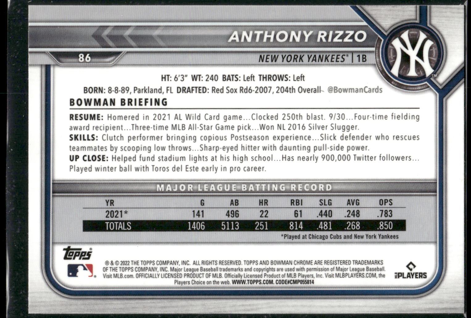 2022 Bowman Chrome #86 Anthony Rizzo