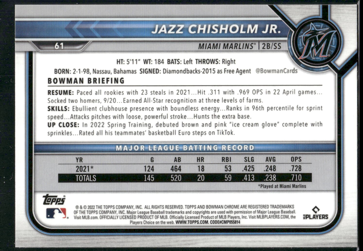2022 Bowman Chrome #61 Jazz Chisholm Jr.