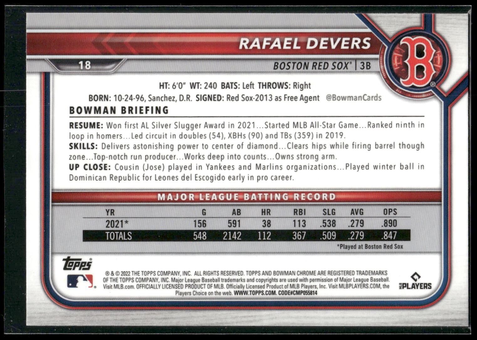 2022 Bowman Chrome #18 Rafael Devers