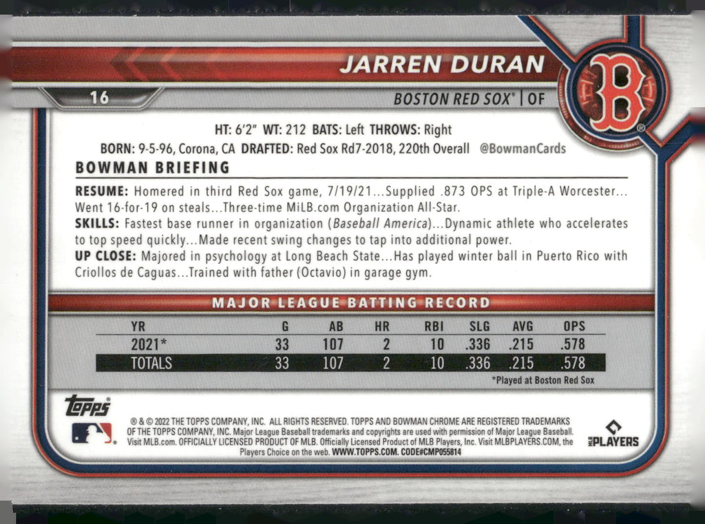 2022 Bowman Chrome #16 Jarren Duran