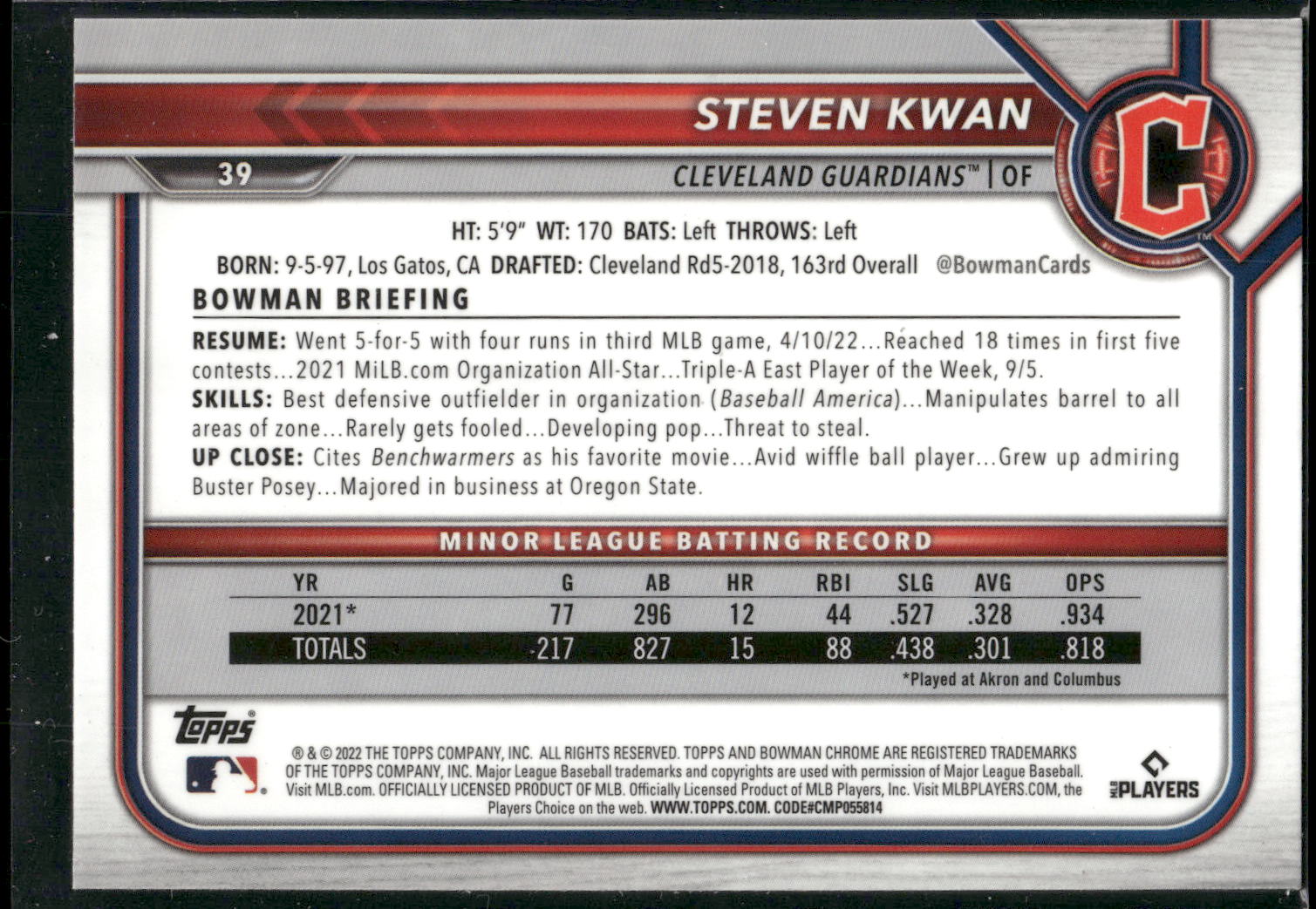 2022 Bowman Chrome #39 Steven Kwan